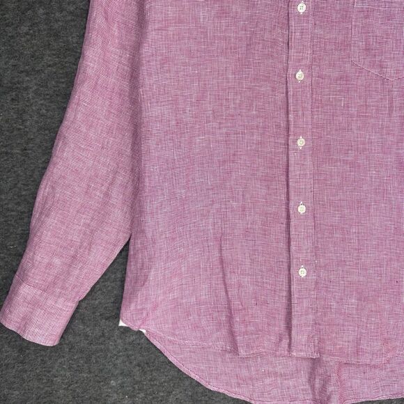 J Peterman button up shirt Mens L red white Micro houndstooth 100% linen - Picture 4 of 12